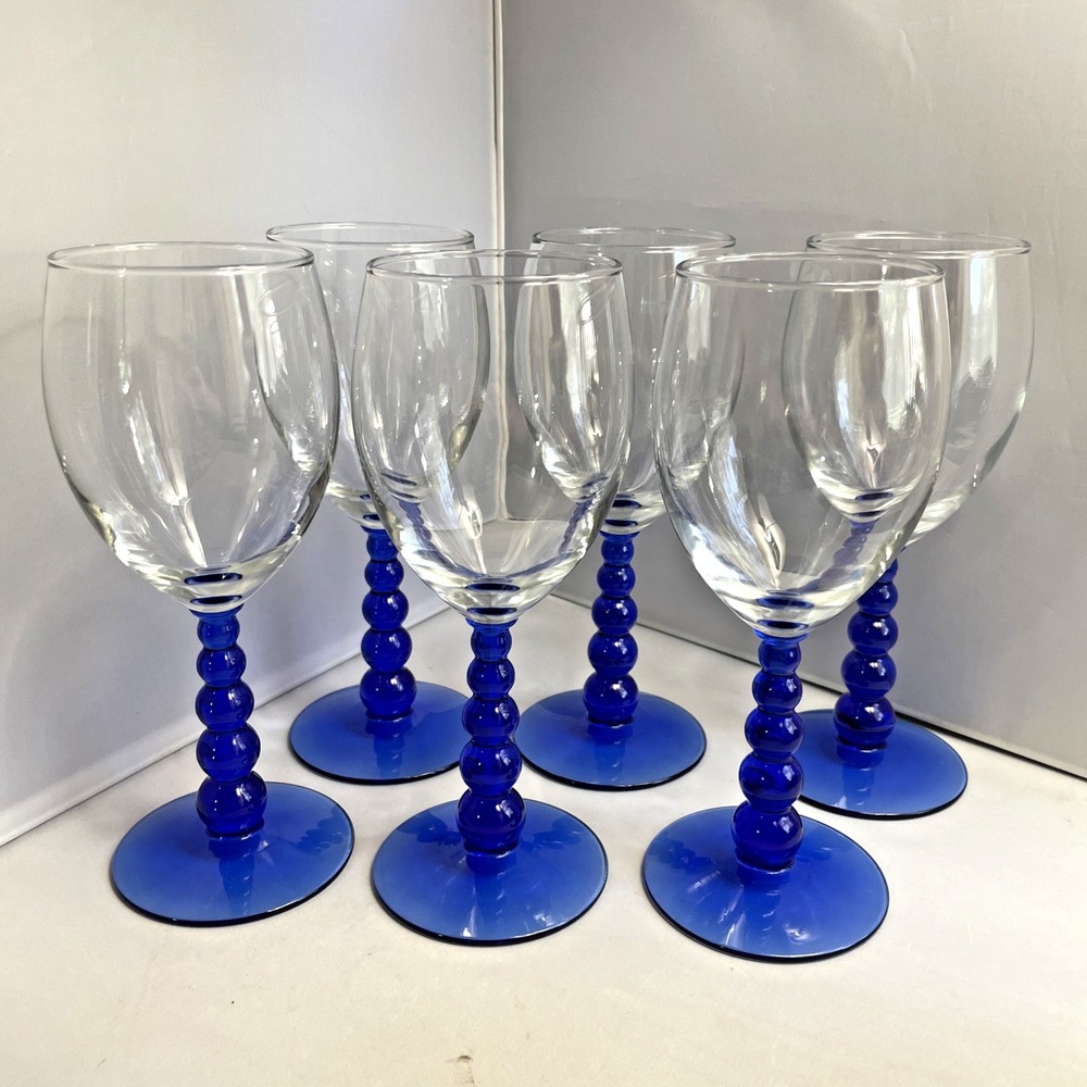 Libbey Metropolis Wine Water Glass Set of 6 Cobalt Blue Base w/Clear Bell EUC
